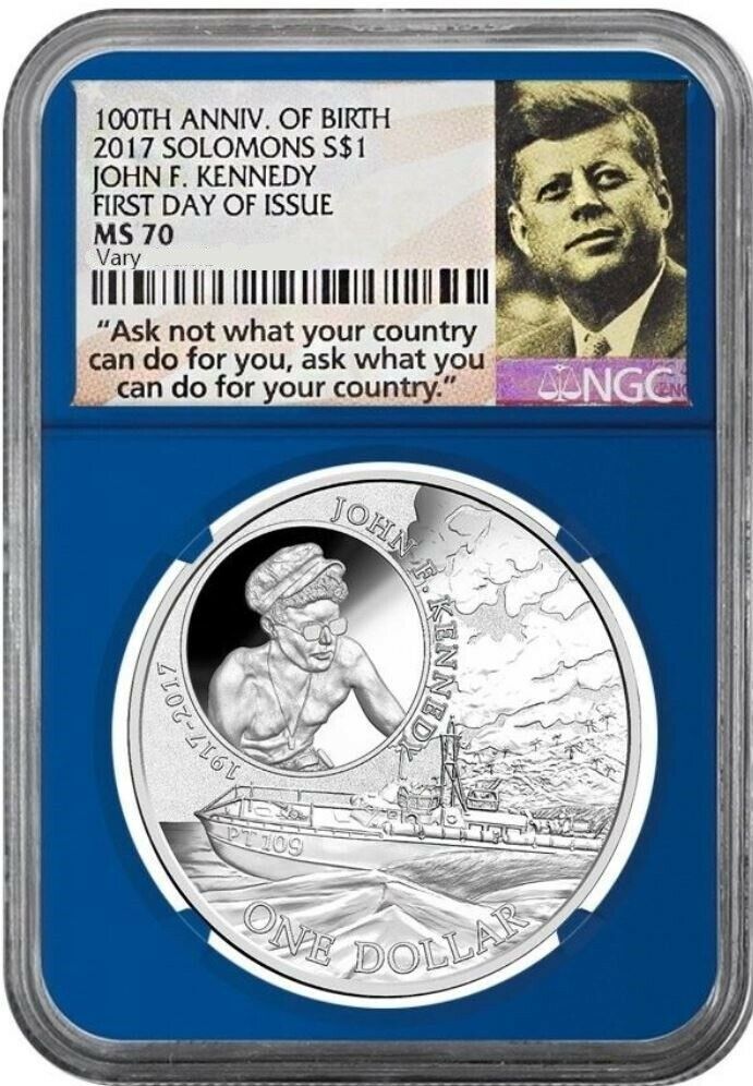 2017 JFK KENNEDY 100th ANNIVERSARY SOLOMONS SILVER S$1 FIRST DAY ISSUE NGC MS70